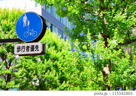 都会の歩道に掲げられた歩行者優先の親子と自転車の青と白の道路標識（東京都千代田区） 115582803