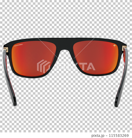 Oversized sunglasses with black acetate frames and red mirrored lenses creating a dramatic and eye 115583269
