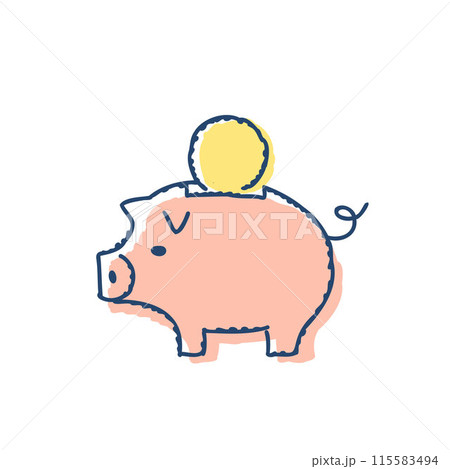 ブタの貯金箱とコイン 115583494