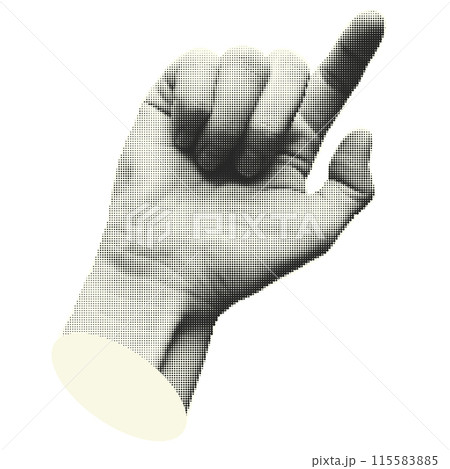 Collage halftone elements with pointing hands and doodle buttons. Fingers gesture touch, click, tap. Cut out shapes. Modern vintage trendy design object isolated on white. Vector illustration. 115583885