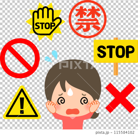 A woman holding her head surrounded by prohibition signs 115584102