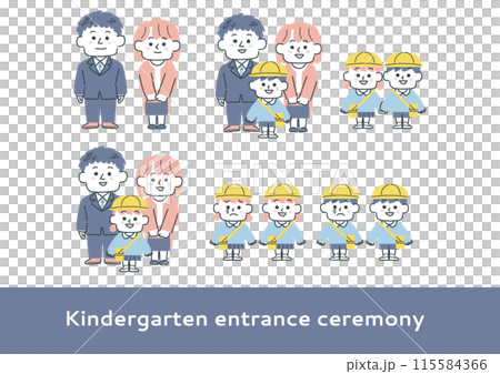 Illustration set of boys and girls attending kindergarten and nursery school and their parents 115584366