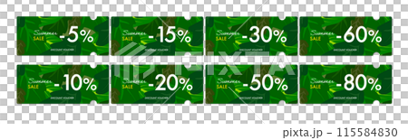 Tropical leaf pattern coupon vector icon set for summer sales (2 by discount rate) Tropical leaf pattern coupon vector icon set for summer sales (2 by discount rate) 115584830