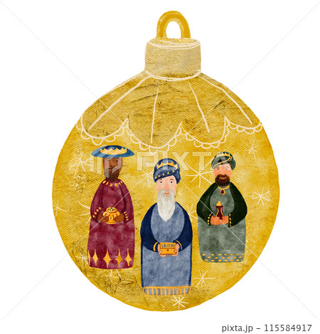 Christmas yellow tree ball with magi nativity scene isolated on white in watercolor. Illustration for textile, wrapping paper, cards, Christmas, new year, invitations, stickers, posters, totes design 115584917