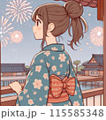 花火を見ている浴衣の女性 115585348
