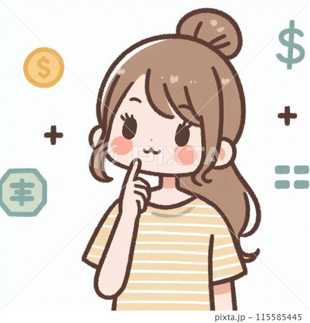 お金に悩んでいる女性のイラスト 115585445