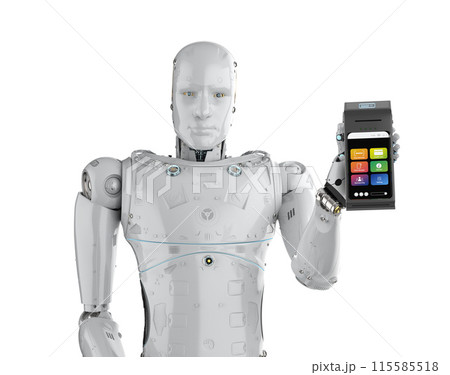 Cashless payment with robot hand holding credit card reader isolated 115585518
