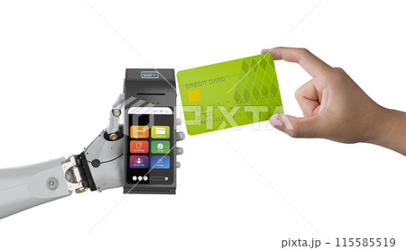 Cashless payment with robot hand holding credit card reader with credit card 115585519