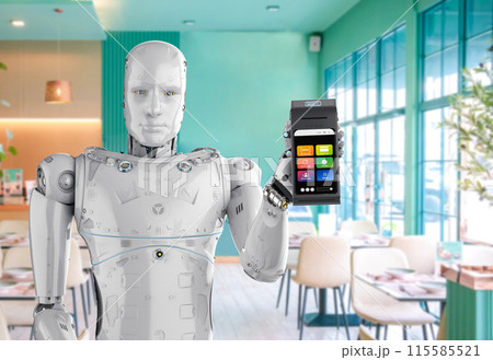 Cashless payment with 3d rendering robot hand holding credit card reader 115585521
