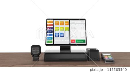 Point of sale system or cash register machine on desk Point of sale system or cash register machine on desk 115585540