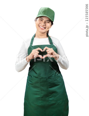 Asian seller wear green apron and cap smiling isolated on white 115585566
