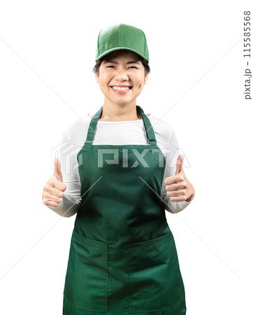 Asian seller wear green apron and cap smiling isolated on white 115585568