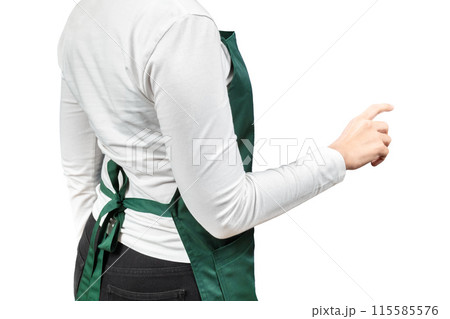 Asian seller wear green apron and cap smiling isolated on white 115585576