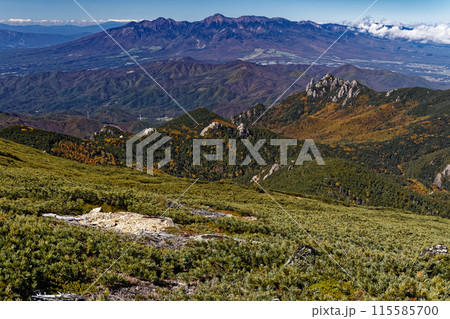 秋色の金峰山山頂から見る瑞牆山と八ヶ岳 115585700