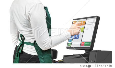 Touch screen point of sale system or cash register machine on desk with finger point 115585716