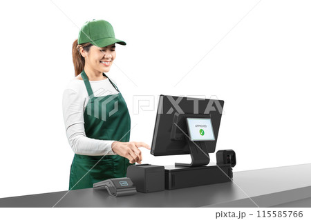 Active asian seller wear green uniform smiling with point of sale terminal or cashier desk 115585766