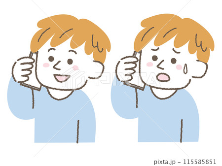 電話をして困っている男性と笑顔の男性のイラストセット 電話をして困っている男性と笑顔の男性のイラストセット 115585851
