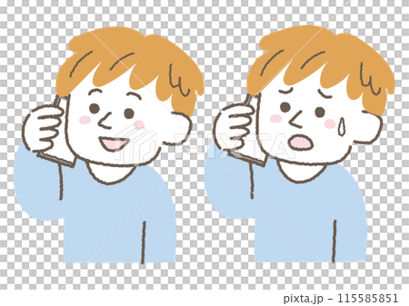 電話をして困っている男性と笑顔の男性のイラストセット 電話をして困っている男性と笑顔の男性のイラストセット 115585851