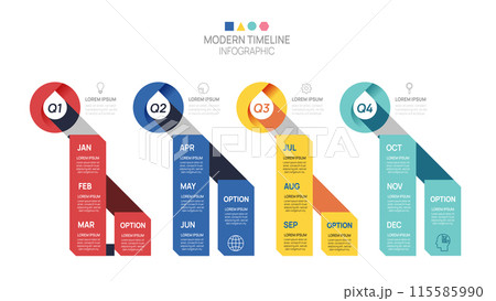 Business step timeline infographic template. Modern milestone element timeline diagram calendar and 4 quarter topics, vector infographics. 115585990