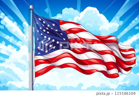 American flag waving in the wind against backdrop of blue sky with white clouds and radiating sunbeams. Concept of American patriotism and national pride, National Flag Day 115586109