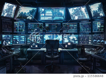 Security office with many display. Monitoring system. Computer and data secure. Control room with monitor and camera. Cctv screen. Technology support service 115586648