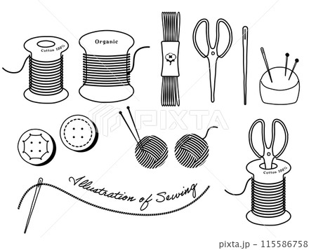 ハンドメイド・ソーイングのツールのイラストセット - 主に編集可能な線で構成されています。 ハンドメイド・ソーイングのツールのイラストセット - 主に編集可能な線で構成されています。 115586758