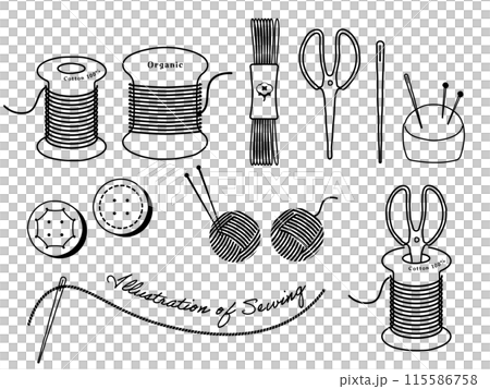 ハンドメイド・ソーイングのツールのイラストセット - 主に編集可能な線で構成されています。 ハンドメイド・ソーイングのツールのイラストセット - 主に編集可能な線で構成されています。 115586758