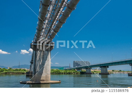 淀川に架かる枚方大橋と水管橋　 115586976