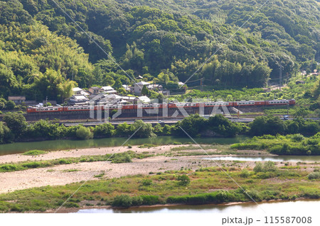 新緑の高梁川と伯備線特急やくも号（273系電車：岡山⇔出雲市） 115587008