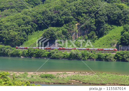新緑の高梁川と伯備線特急やくも号(273系電車:岡山⇔出雲市) 新緑の高梁川と伯備線特急やくも号(273系電車:岡山⇔出雲市) 115587014