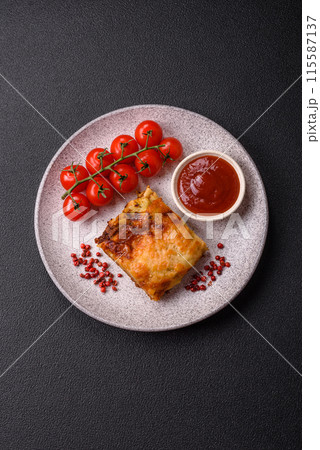 Delicious baked lasagna pasta with meat, sauce, salt, spices and herbs on a dark concrete background 115587137