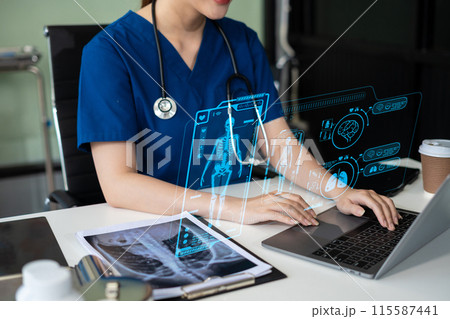 Medicine doctor hand working with modern digital tablet computer interface as medical network concept. 115587441