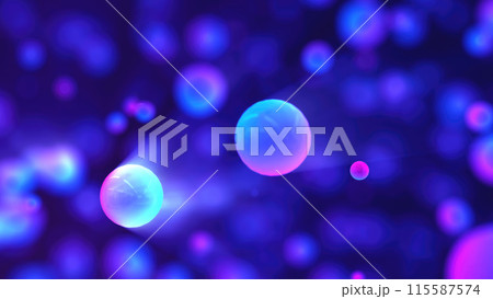 Abstract purple glowing background with flying balls circles atoms molecules particles energy bubbles 115587574