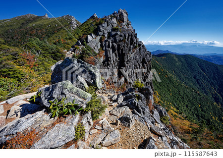 秋の金峰山・千代の吹上の岩壁と富士山 115587643