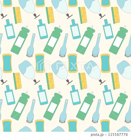 Seamless pattern cleaning service. Tools for clean your room repeat background. Sponges, brushes and cleaners bottles endless backdrop. Vector line art flat illustration. Seamless pattern cleaning service. Tools for clean your room repeat background. Sponges, brushes and cleaners bottles endless backdrop. Vector line art flat illustration. 115587778