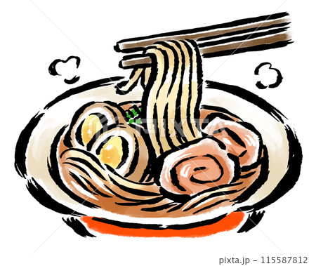 箸で食べるラーメン　筆タッチイ手描きラスト 115587812