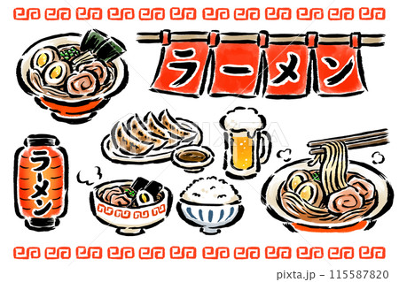 ラーメン屋さんセット②　ラーメン・暖簾・提灯・ビール・ギョーザ・ご飯 115587820