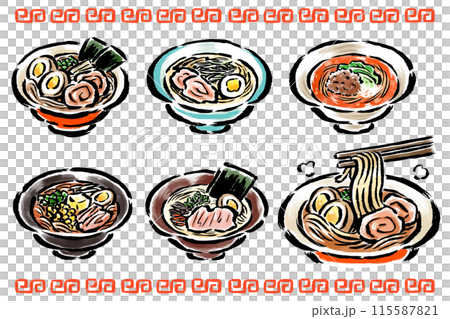 各種類型的拉麵-醬油，味噌，鹽，豬骨，擔擔面-刷感手繪插圖 115587821