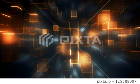 Abstract background of glowing amber cuboids, neural network generated image 115588007