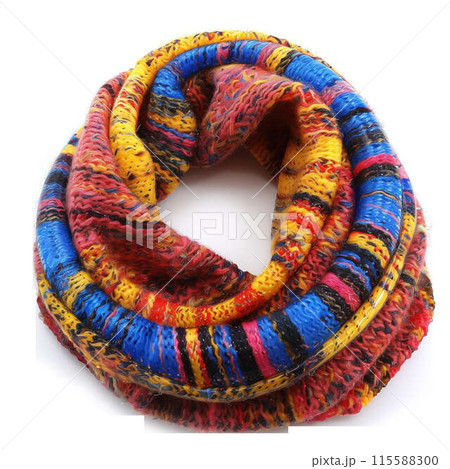 Multicolored knitted infinity scarf with bold red, yellow, and blue patterns, isolated on transparent background. Multicolored knitted infinity scarf with bold red, yellow, and blue patterns, isolated on transparent background. 115588300