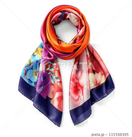 Elegant silk scarf with a floral print in vibrant red and pink hues, accented by dark blue borders, isolated on transparent background. 115588305