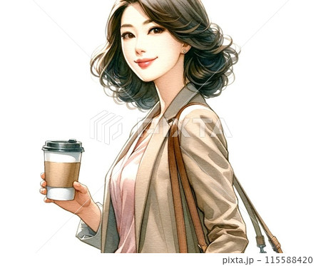 コーヒーカップを持ち振り返る女性　出勤途中の会社員　【AI生成画像】 115588420