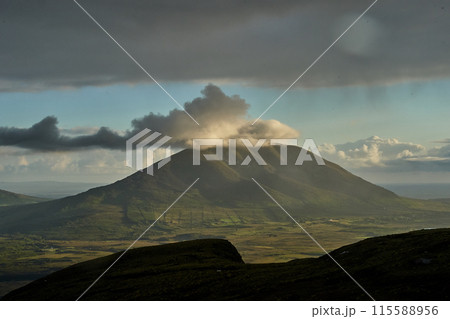 ireland bog land cloudy valley  115588956
