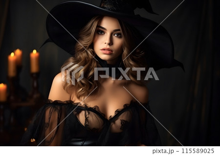 Glamorous witch in dark lingerie with a black hat, candles, creating a mystical atmosphere 115589025