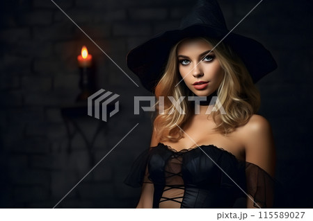 Elegant Witch Costume young adult Caucasian chic, mysterious, sorceress allure. Includes hat, corset, blonde hair 115589027