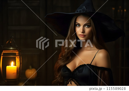 Set up a stylish Halloween scene woman in dark outfit with hat near lantern and pumpkin 115589028