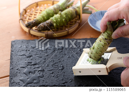 生山葵をおろし器ですりおろす 静岡県産 本わさび 生山葵をおろし器ですりおろす 静岡県産 本わさび 115589065