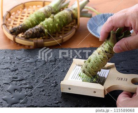生山葵をおろし器ですりおろす　静岡県産 本わさび 115589068