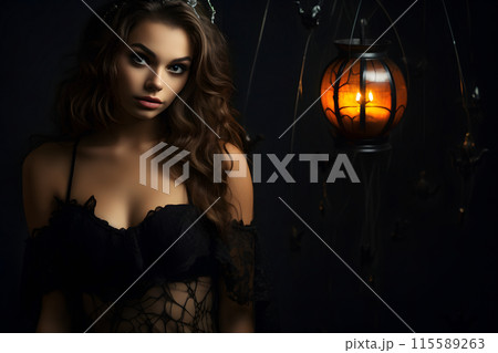 Mysterious woman with curly hair in dark lingerie, holding a glowing lantern in a moody ambiance 115589263