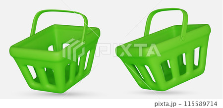 Set of 3d realistic green plastic shopping cart isolated on white background. Vector illustration 115589714